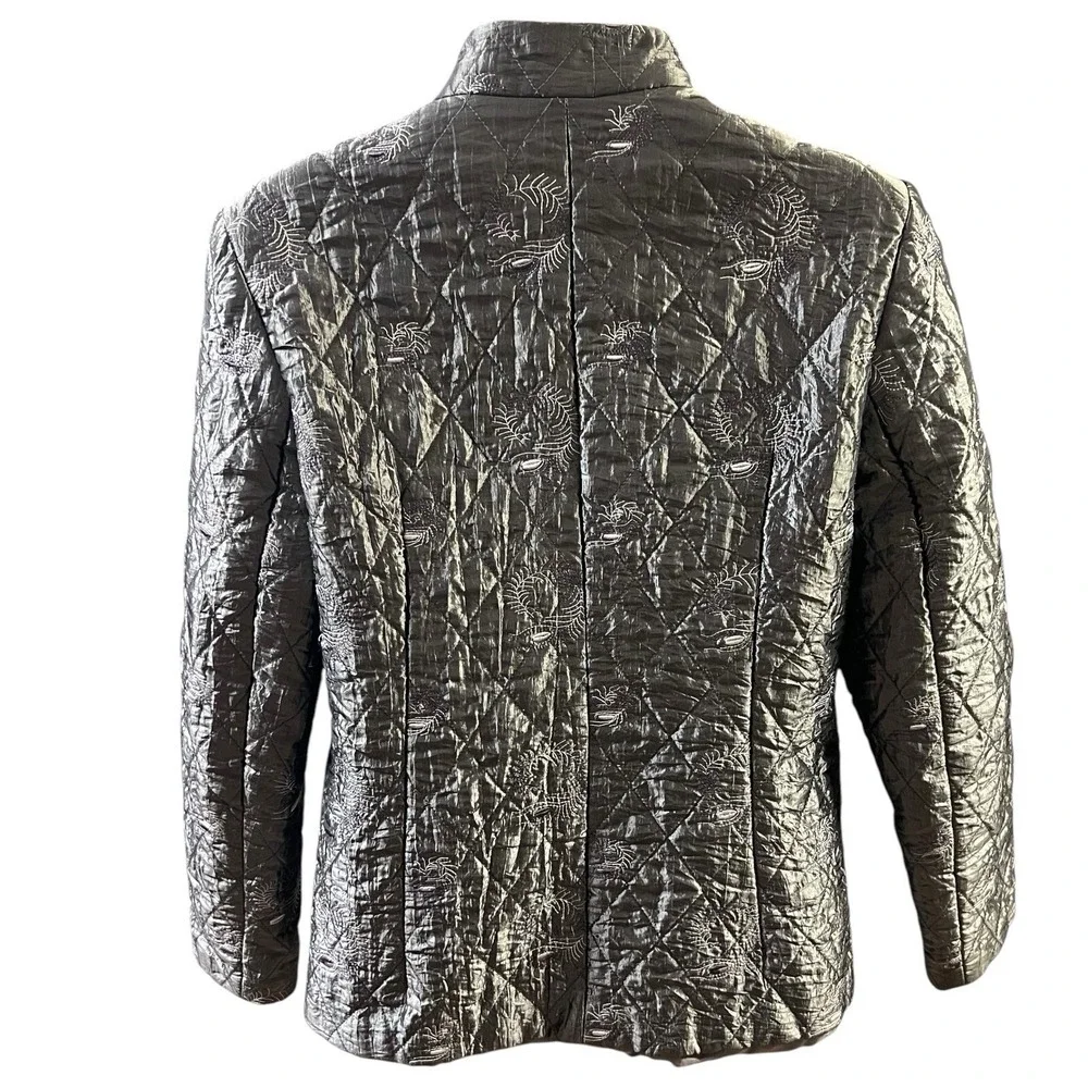 Leomarina Boutique Women Jacket Grey Quilted Embroidered Full Zip Side Pockets‎
